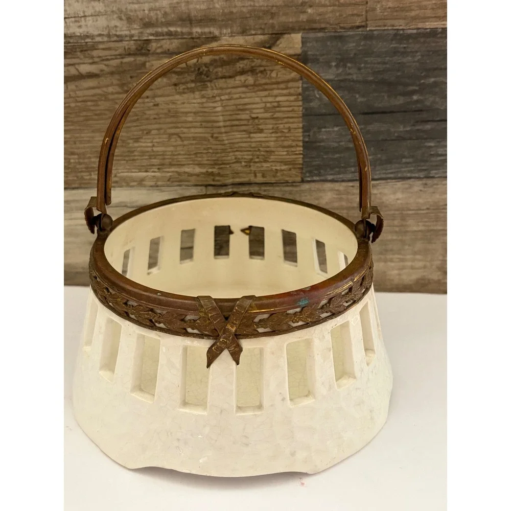 Antique Ceramic Creamware Basket Ornate Brass Handle Ribbon Leaf Trim Cream